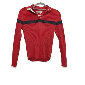 Tommy Hilfiger Women's Y2K Preppy Red Striped Knit Ribbed Sweater Snap Close L